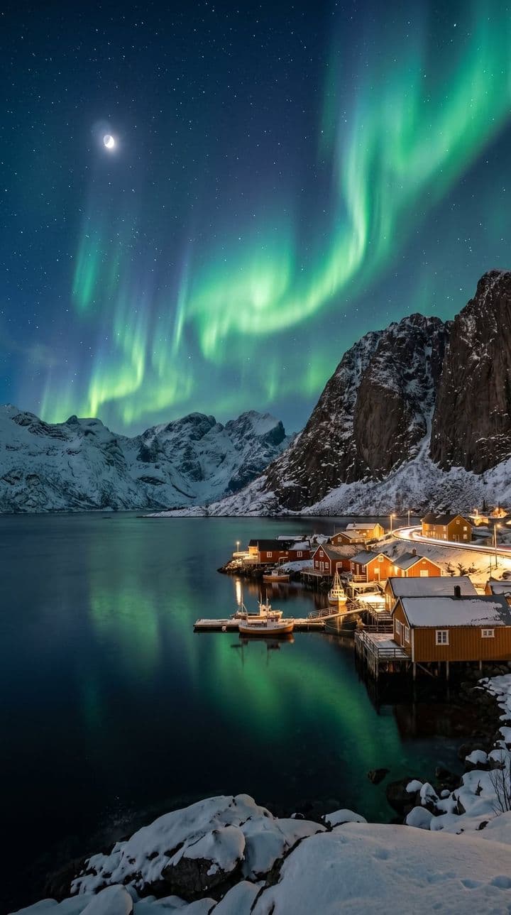 Northern lights over a fjord village