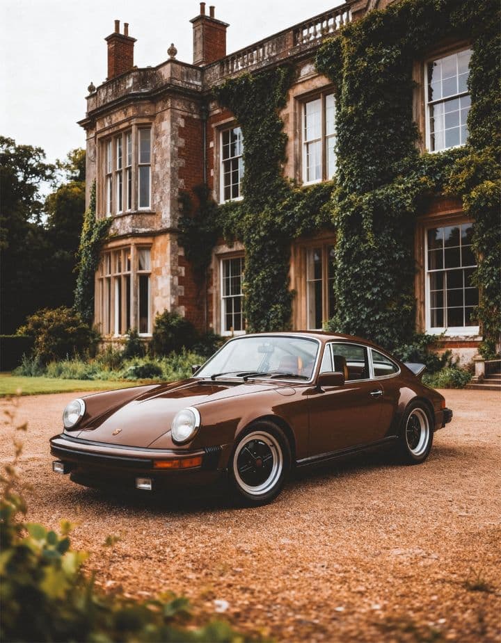 A vintage car outside an ivy-covered manor