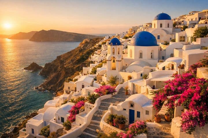 Santorini rooftops at dusk